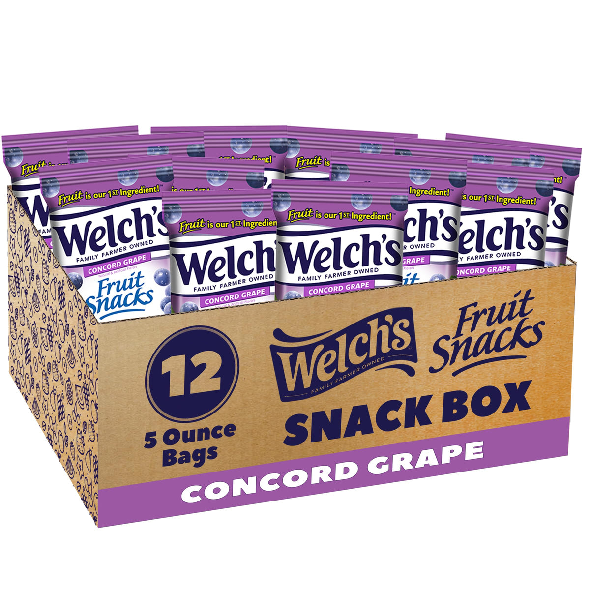 Welch's Concord Grape Fruit Snacks, Gluten Free, 5oz Bags (12-Pack)