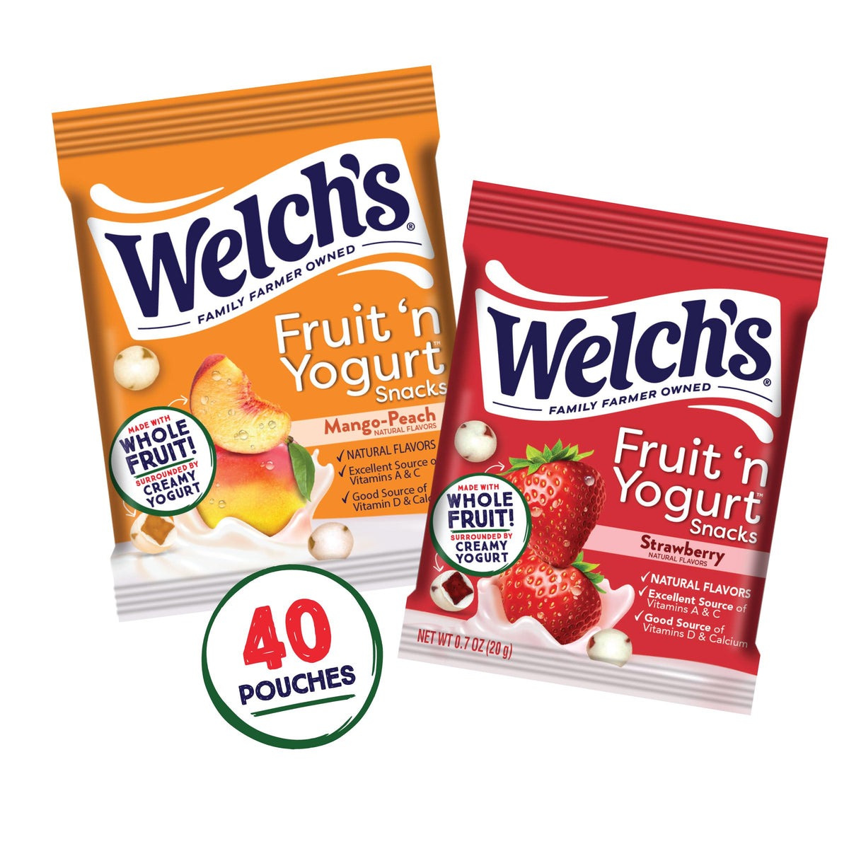 Welch's Fruit Snacks Fruit 'n Yogurt Variety Pack – Strawberry & Mango Peach, Gluten Free, 40-Count (0.7 oz Each)
