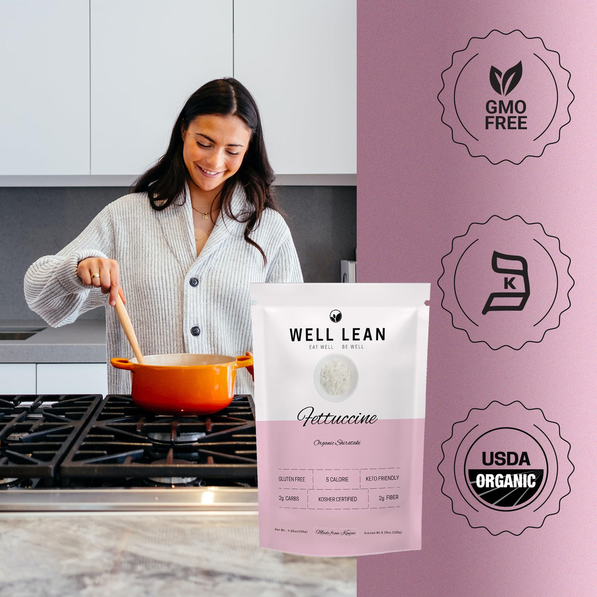 Well Lean Organic Fettuccine – Premium Shirataki Konjac Pasta, Pack of 6, 12 Servings | Low Carb Keto Gluten Free