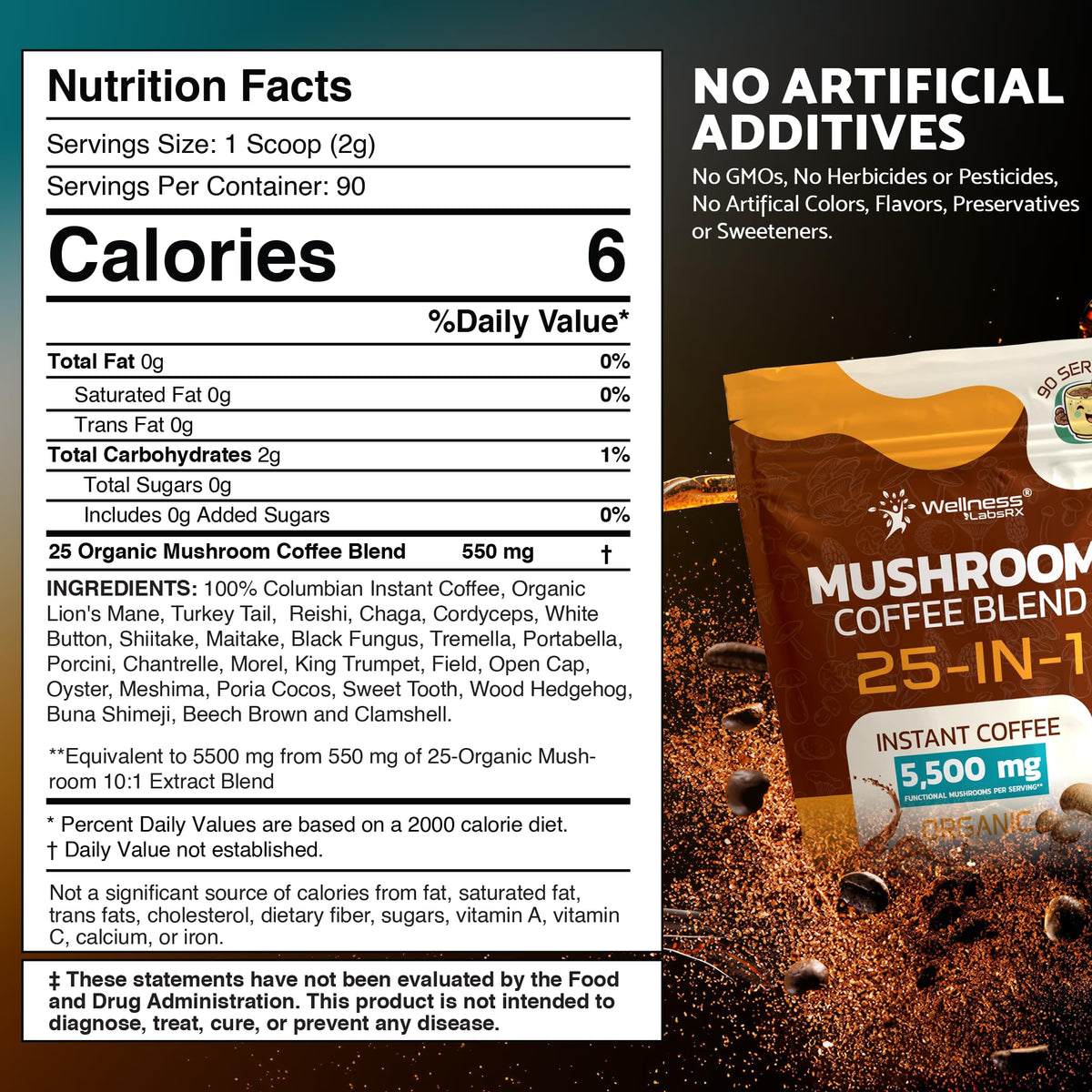 Mushroom Coffee Organic Instant 25-in-1 by WELLNESS LABSRX – Keto Friendly, Lion’s Mane, 90 Servings