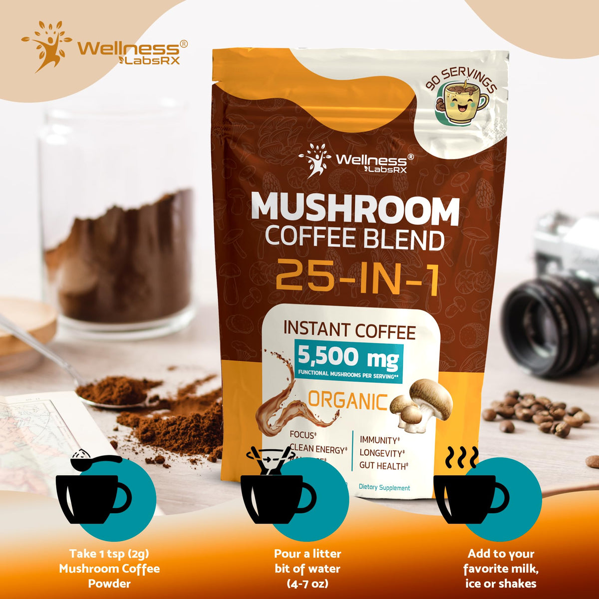 Mushroom Coffee Organic Instant 25-in-1 by WELLNESS LABSRX – Keto Friendly, Lion’s Mane, 90 Servings