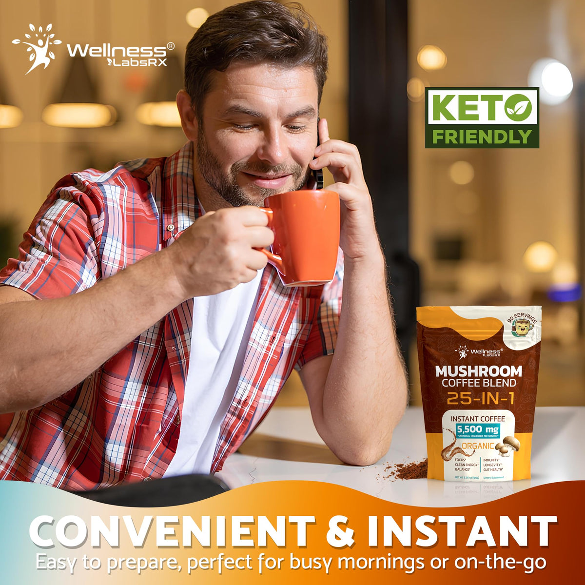 Mushroom Coffee Organic Instant 25-in-1 by WELLNESS LABSRX – Keto Friendly, Lion’s Mane, 90 Servings