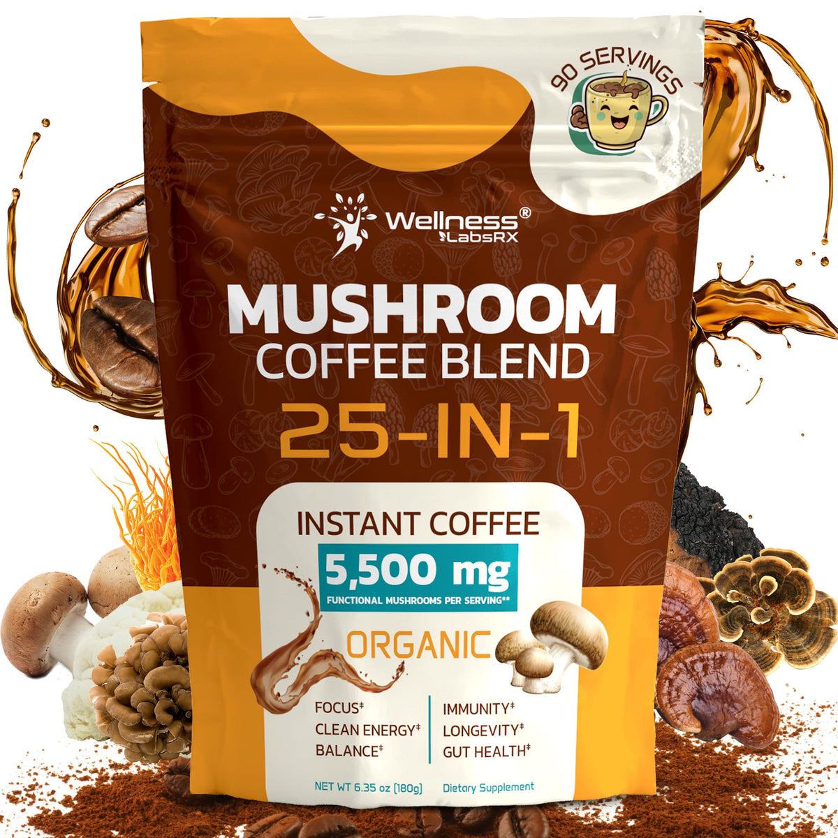 Mushroom Coffee Organic Instant 25-in-1 by WELLNESS LABSRX – Keto Friendly, Lion’s Mane, 90 Servings