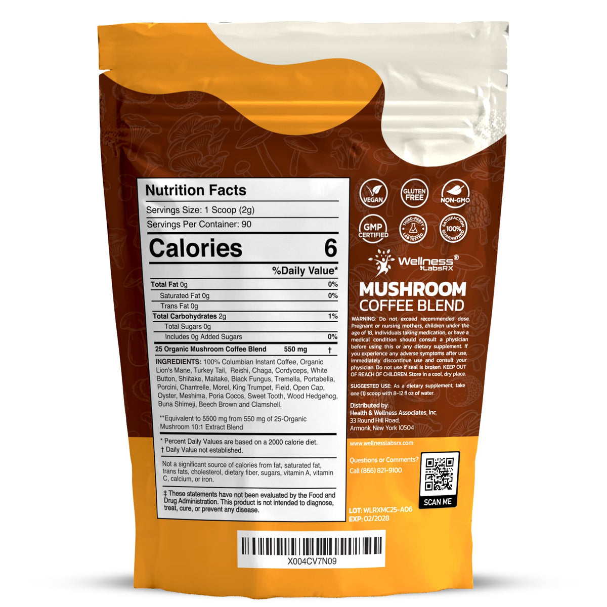 Mushroom Coffee Organic Instant 25-in-1 by WELLNESS LABSRX – Keto Friendly, Lion’s Mane, 90 Servings