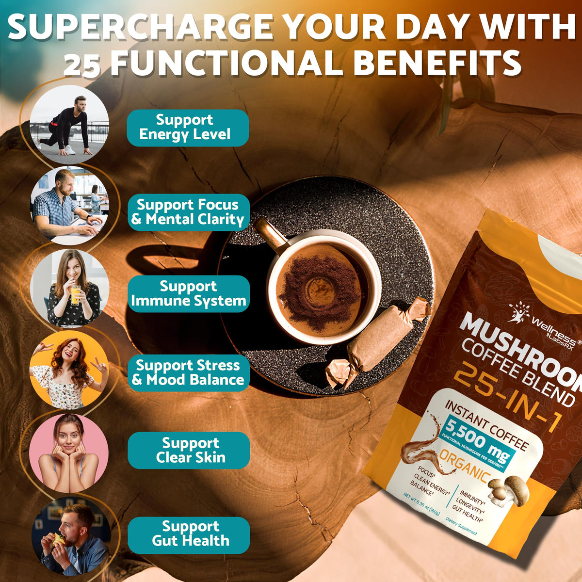 Mushroom Coffee Organic Instant 25-in-1 by WELLNESS LABSRX – Keto Friendly, Lion’s Mane, 90 Servings