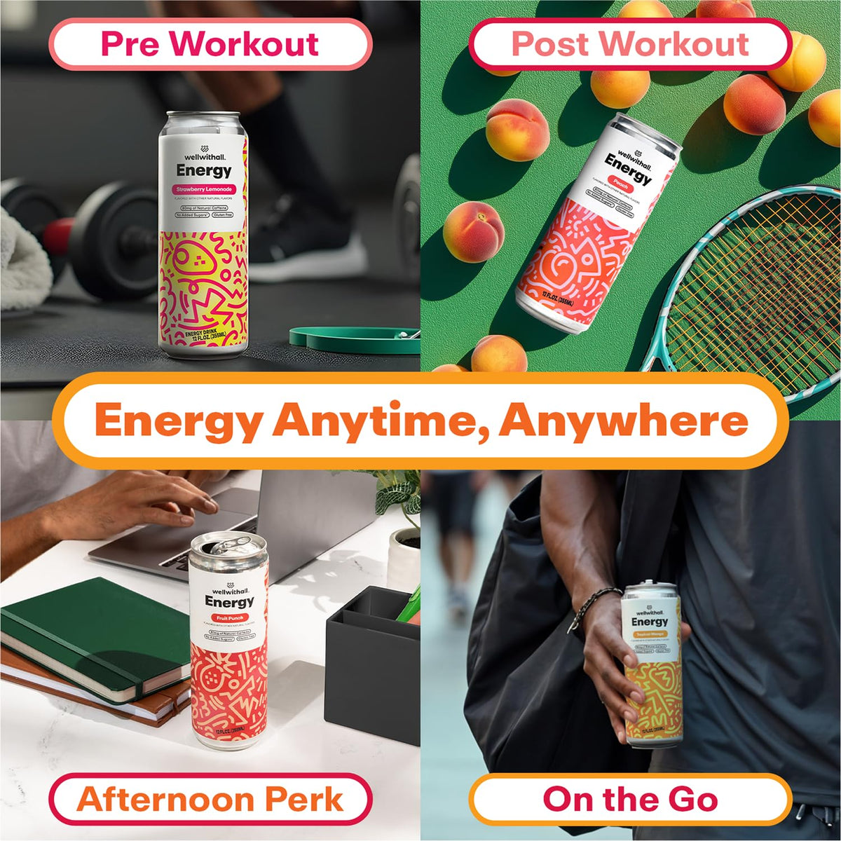 WellWithAll Energy Drink Variety Pack – Strawberry Lemonade, Fruit Punch, Mango & Peach (12 oz, 12-Pack)