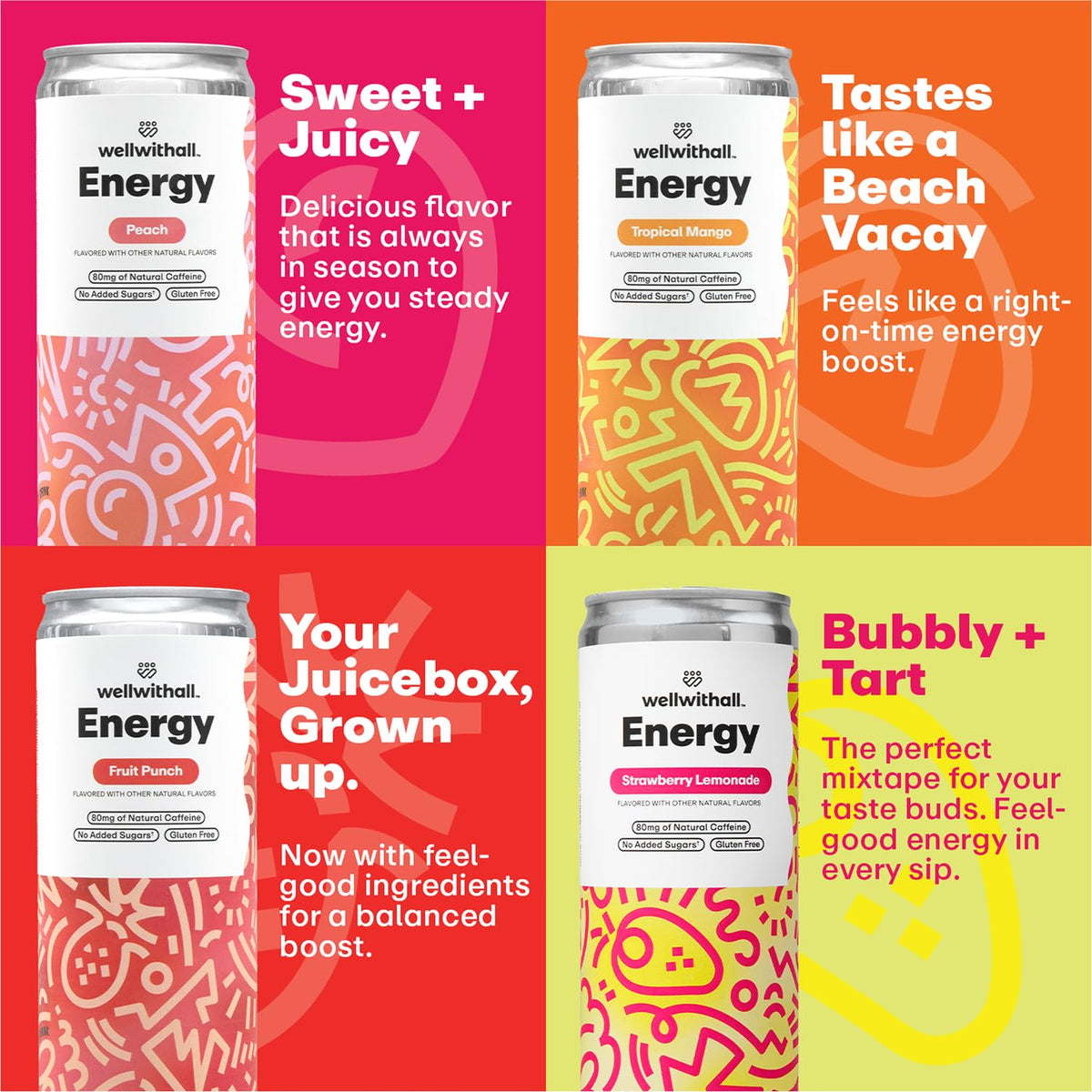 WellWithAll Energy Drink Variety Pack – Strawberry Lemonade, Fruit Punch, Mango & Peach (12 oz, 12-Pack)