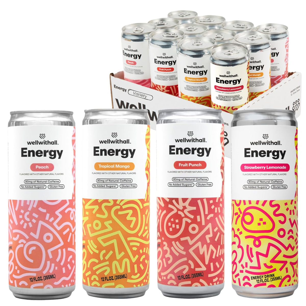 WellWithAll Energy Drink Variety Pack – Strawberry Lemonade, Fruit Punch, Mango & Peach (12 oz, 12-Pack)