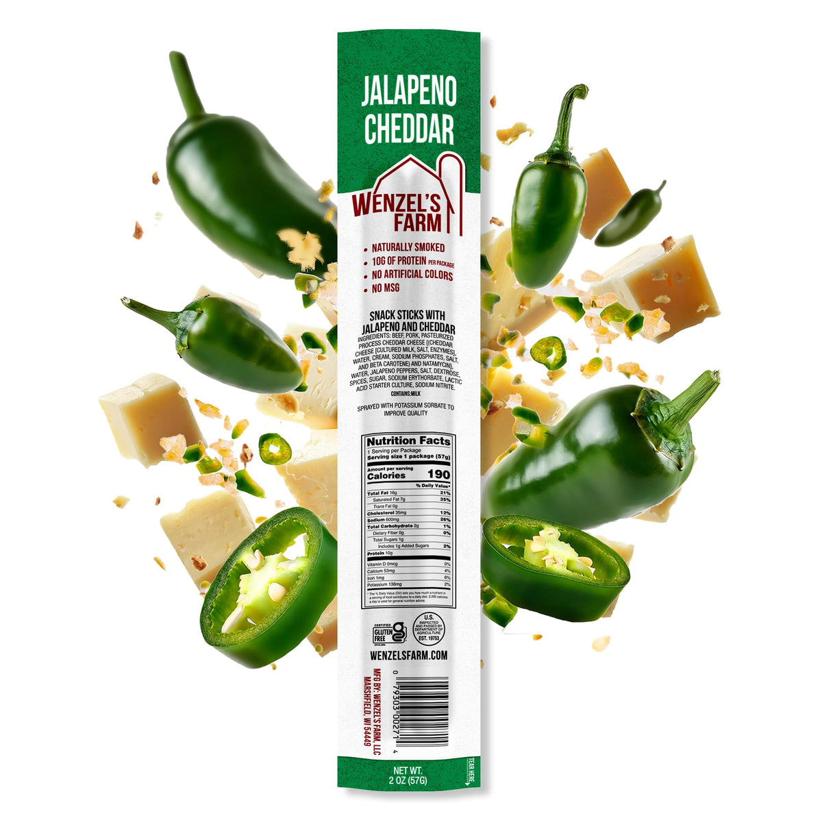 Wenzel's Farm Jalapeño Cheddar Sticks — High Protein, Low Carb, Gluten Free (32 Sticks)