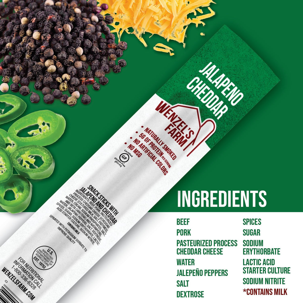 Wenzel's Farm Jalapeño Cheddar Sticks — High Protein, Low Carb, Gluten Free (32 Sticks)