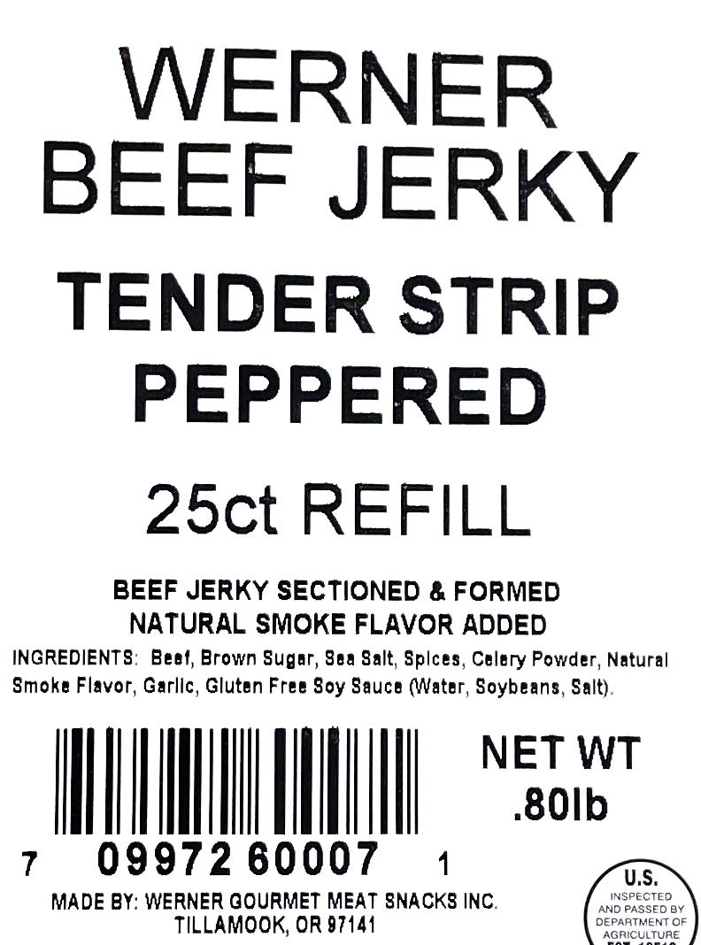 Werner Tender Strips Peppered Beef Jerky – Pack of 25 8.5-Inch Strips – Made in USA