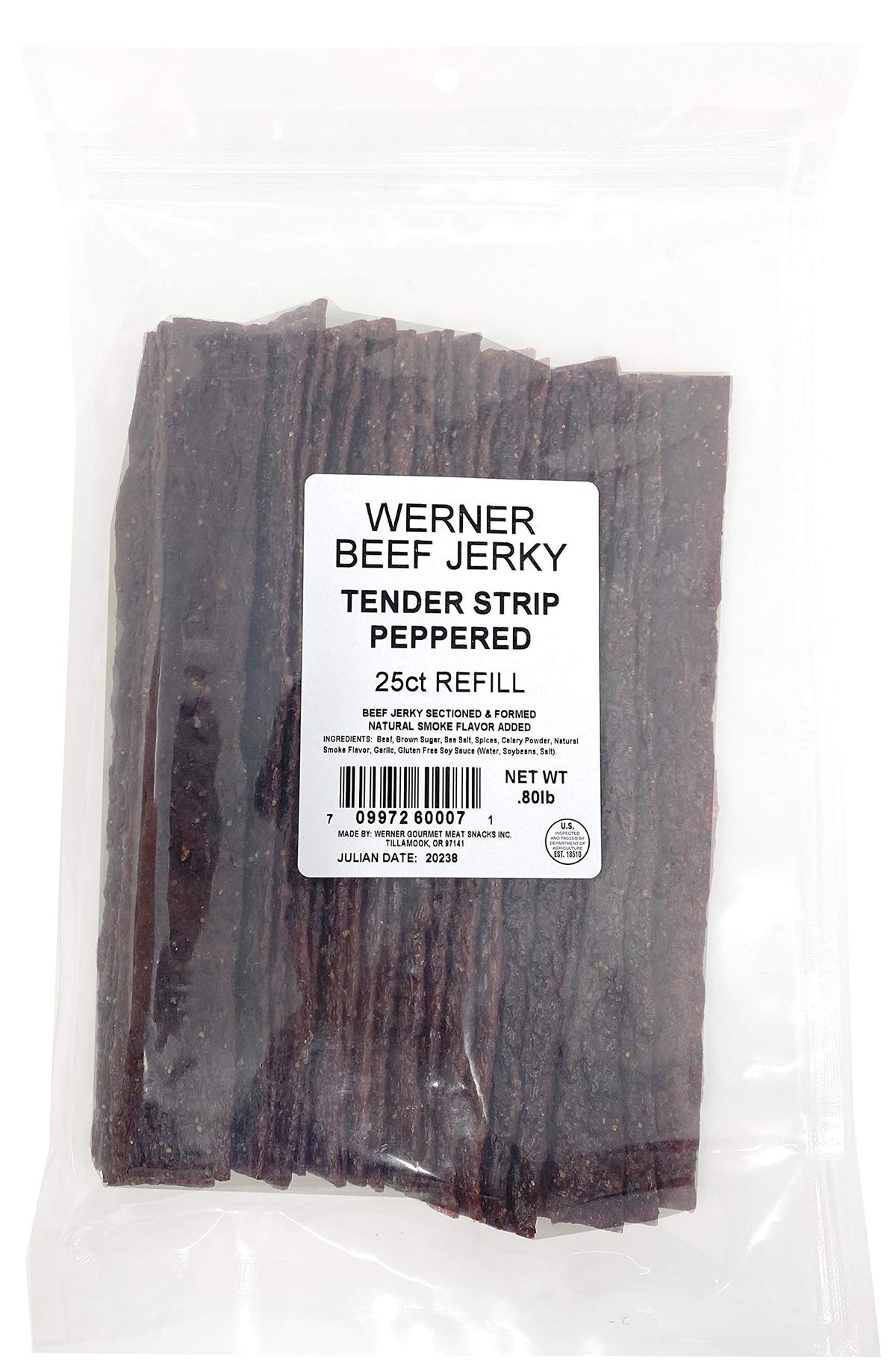 Werner Tender Strips Peppered Beef Jerky – Pack of 25 8.5-Inch Strips – Made in USA