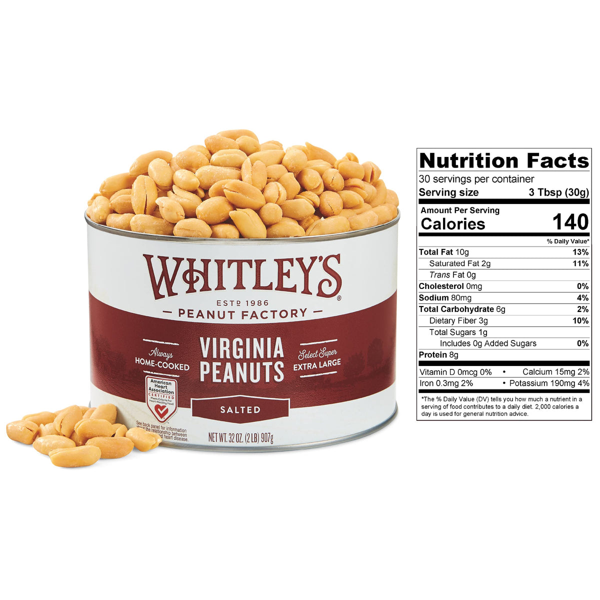 Whitley’s Salted Virginia Peanuts – Super Extra Large, Home Cooked 32 oz Tin