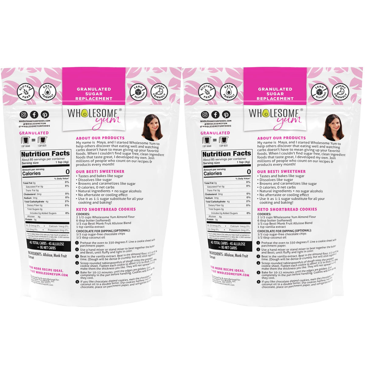 Wholesome Yum Besti Natural Sugar Substitute - Keto Granulated Monk Fruit Sweetener with Allulose (No Erythritol) - 12 oz, 2 Pack