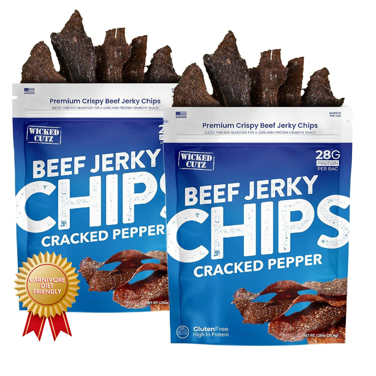 Wicked Cutz Cracked Pepper Beef Jerky Chips – 28g Protein Per Bag, Crispy Jerky Crisps, USA Made Pepper Flavored Snacks (2 Bags)