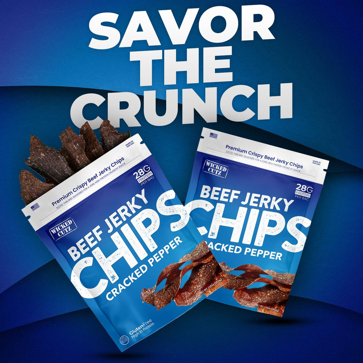 Wicked Cutz Cracked Pepper Beef Jerky Chips – 28g Protein Per Bag, Crispy Jerky Crisps, USA Made Pepper Flavored Snacks (2 Bags)