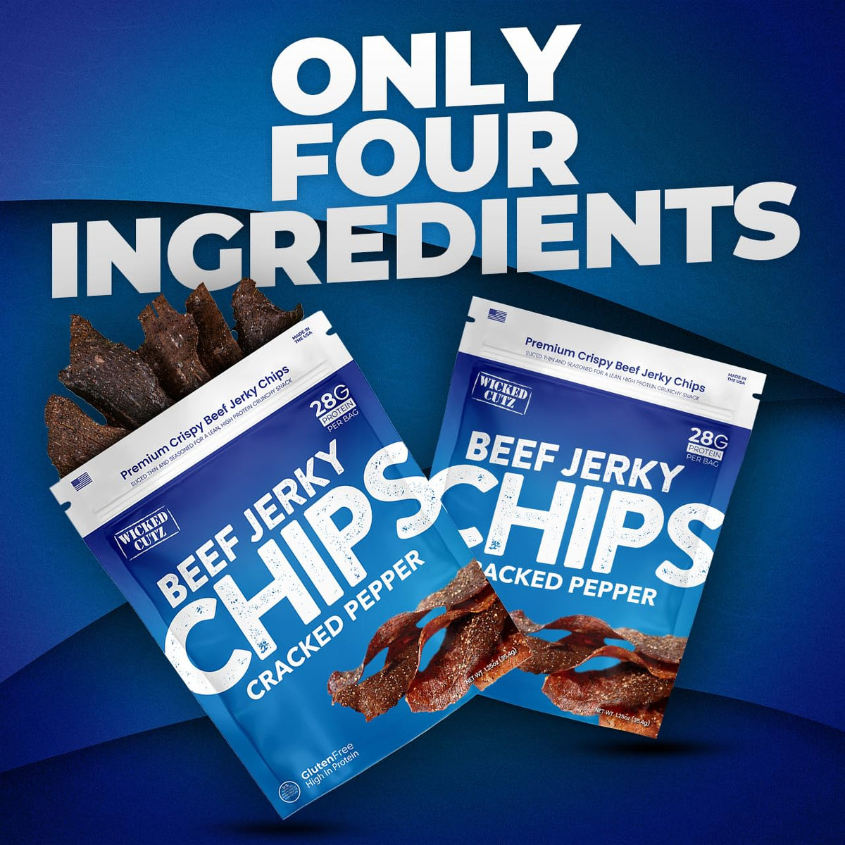 Wicked Cutz Cracked Pepper Beef Jerky Chips – 28g Protein Per Bag, Crispy Jerky Crisps, USA Made Pepper Flavored Snacks (2 Bags)