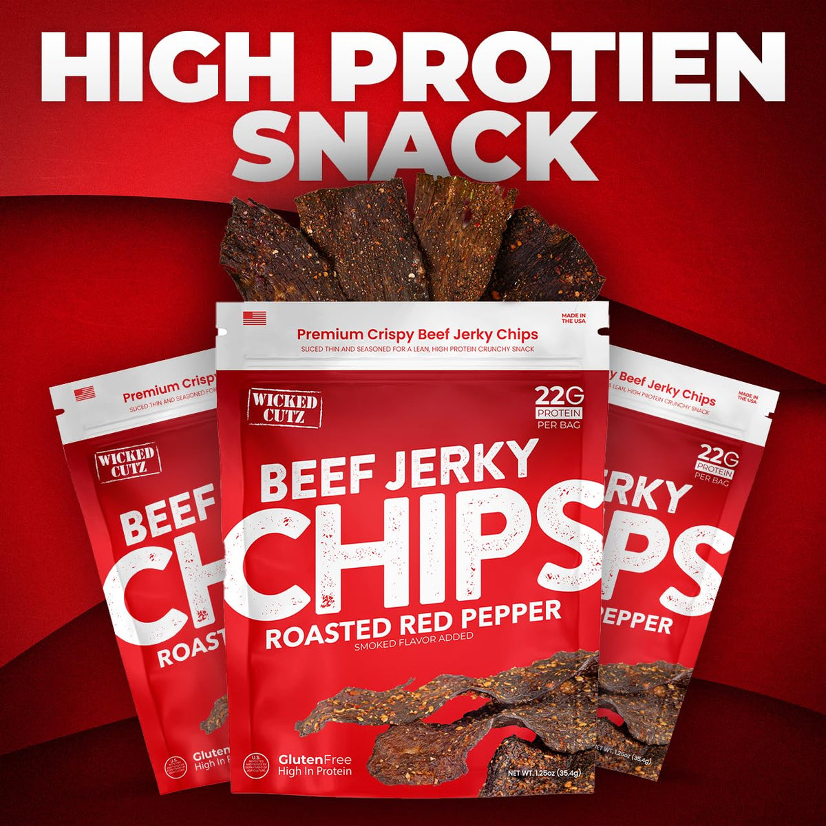 Wicked Cutz Roasted Red Pepper Beef Jerky Chips – 22g Protein, USA Made