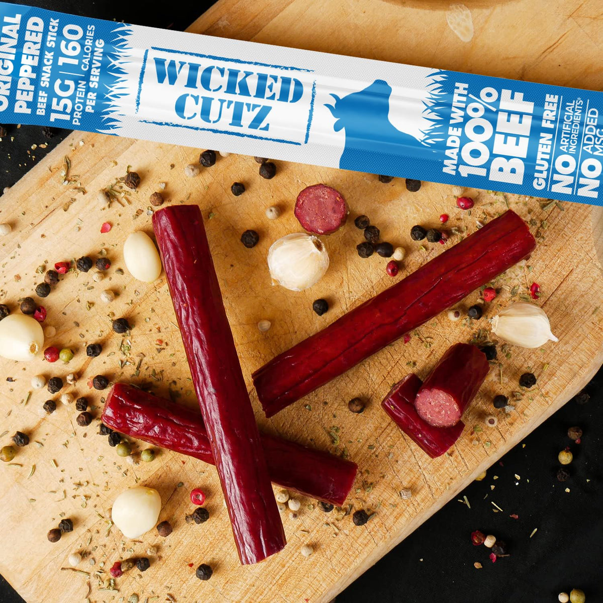 Wicked Cutz Original Peppered Beef Sticks – 15g Protein per Stick, USA Made, Extra Large Carnivore Snacks (12 Pack)