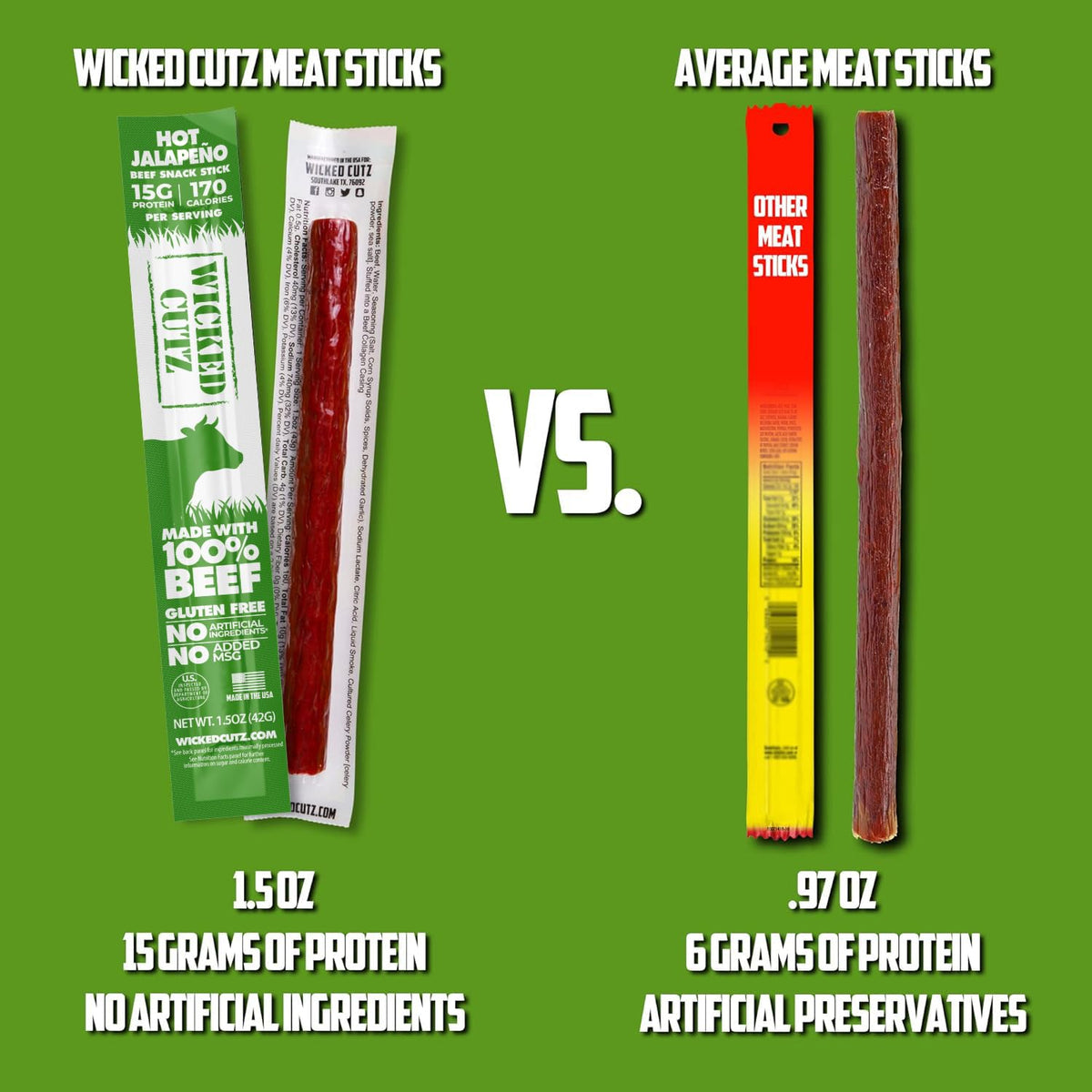 Wicked Cutz Volcanic Jalapeno Spicy Beef Sticks – Extra Large, 15g Protein, Gluten Free (12 Sticks)