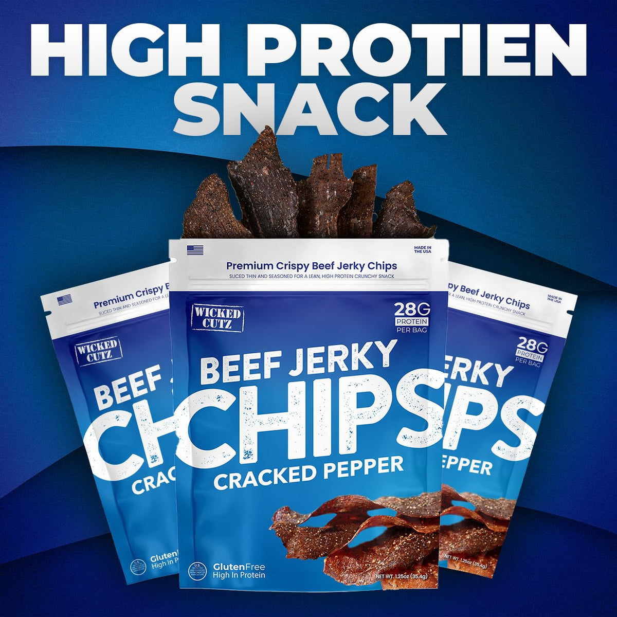 Wicked Cutz Cracked Pepper Beef Jerky Chips – 28g Protein Per Bag, Crispy Jerky Crisps, USA Made Pepper Flavored Snacks (2 Bags)