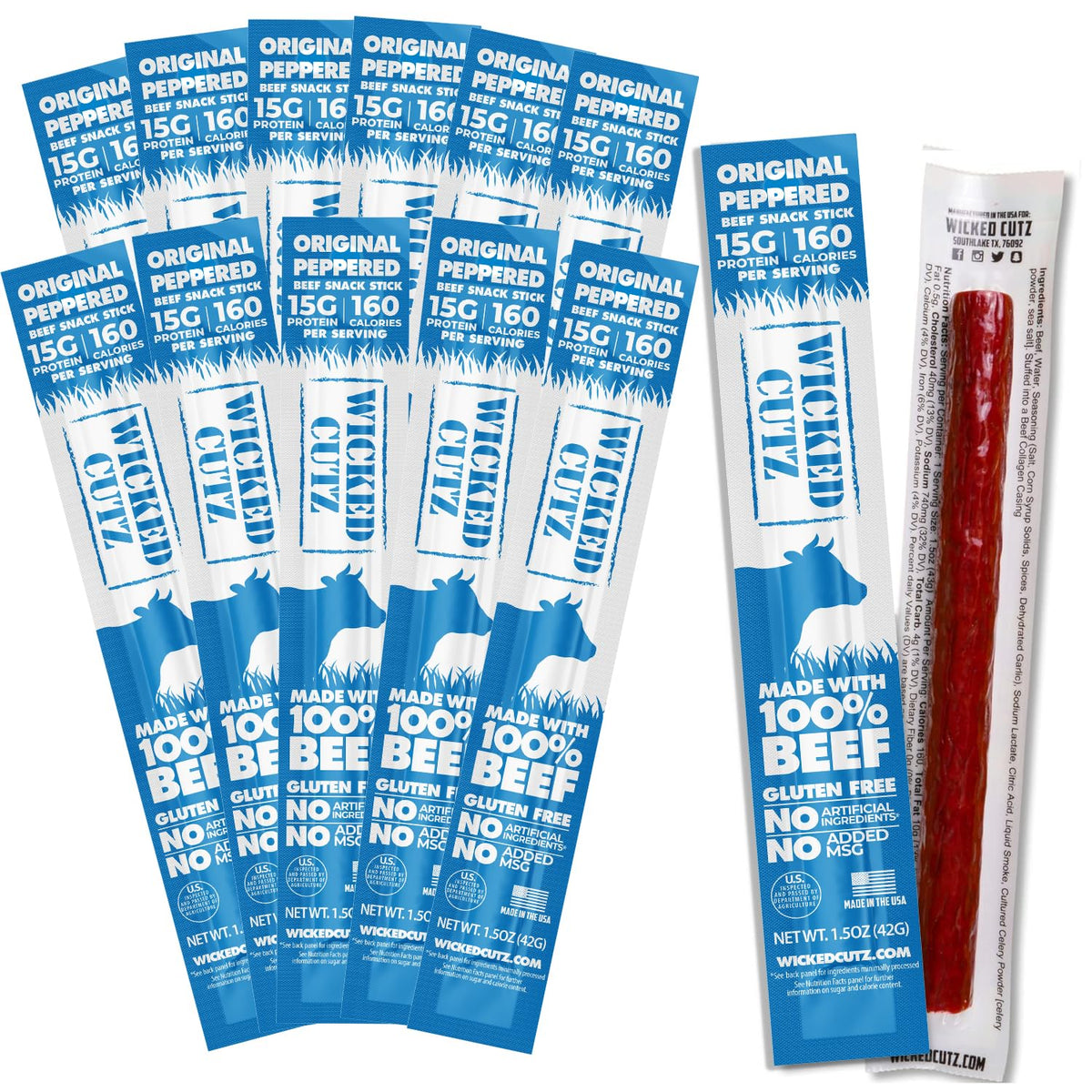 Wicked Cutz Original Peppered Beef Sticks – 15g Protein per Stick, USA Made, Extra Large Carnivore Snacks (12 Pack)