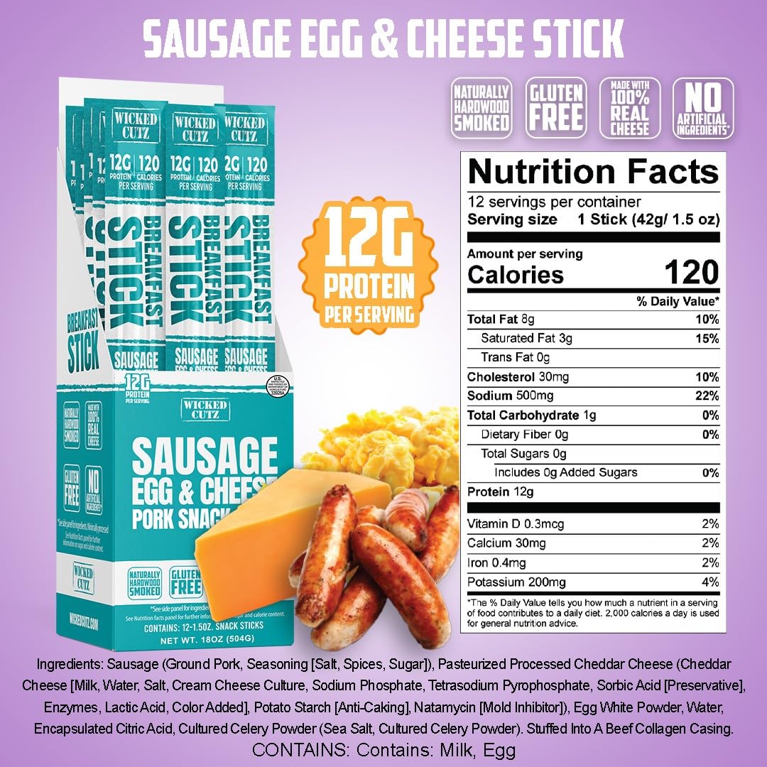 Wicked Cutz Sausage Egg & Cheese Sticks – 12g Protein, Gluten Free, USA Made