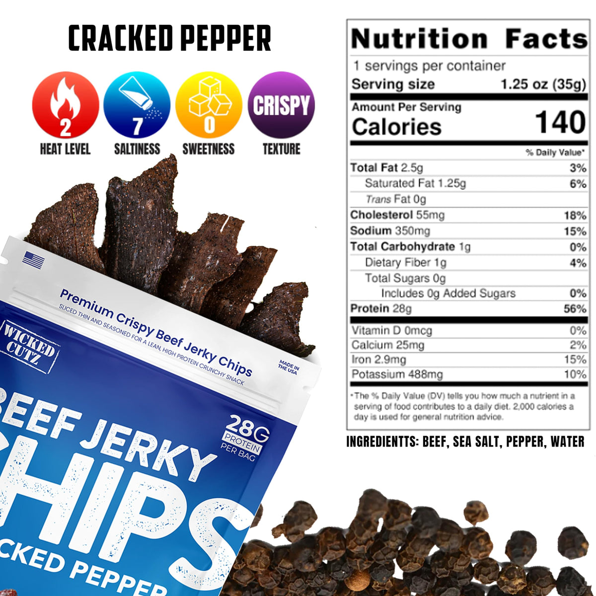 Wicked Cutz Cracked Pepper Beef Jerky Chips – 28g Protein Per Bag, Crispy Jerky Crisps, USA Made Pepper Flavored Snacks (2 Bags)