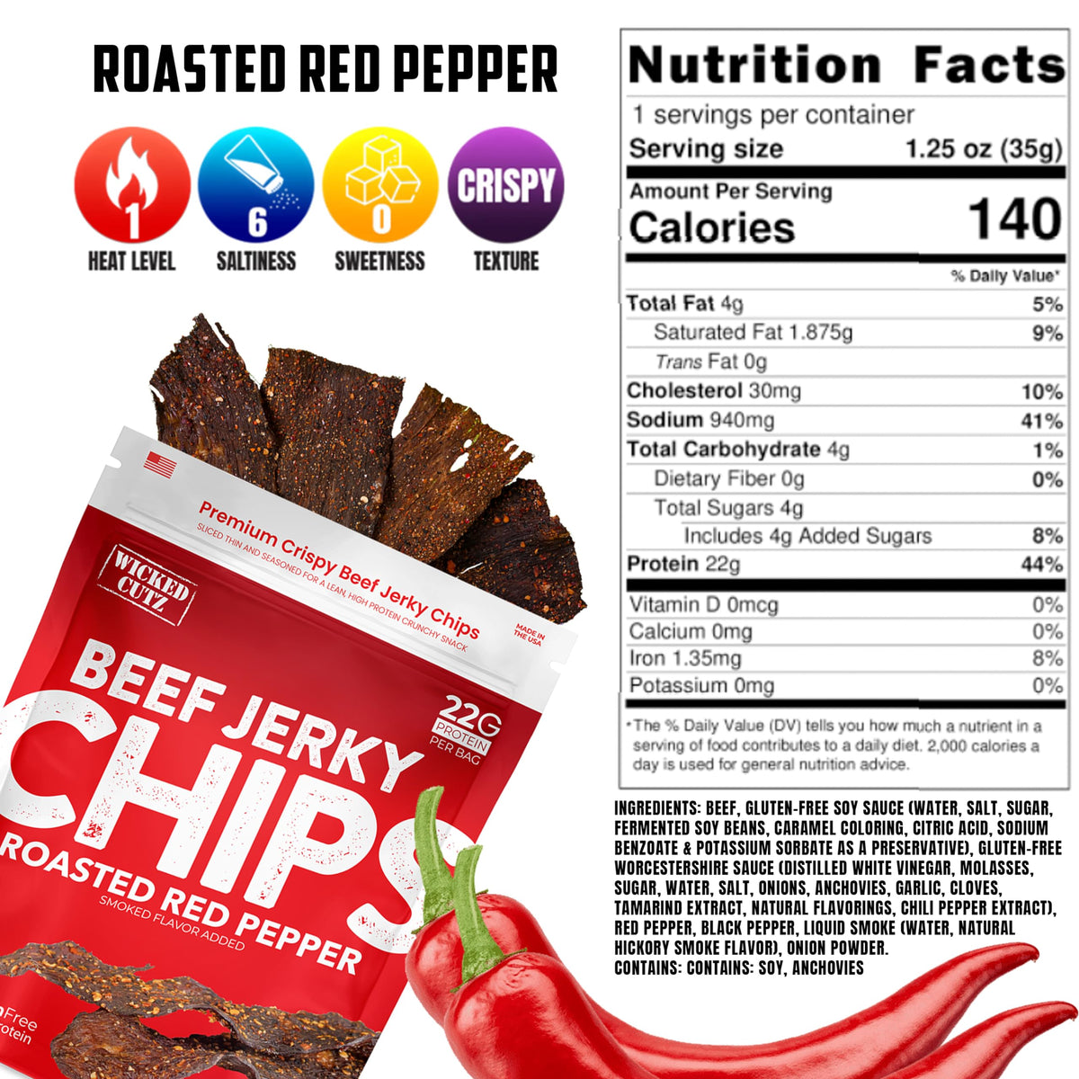 Wicked Cutz Roasted Red Pepper Beef Jerky Chips – 22g Protein, USA Made
