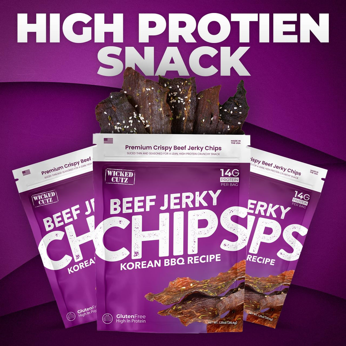 Wicked Cutz Korean BBQ Beef Jerky Chips — 14g Protein, Crispy Low-Carb Snack, USA Made