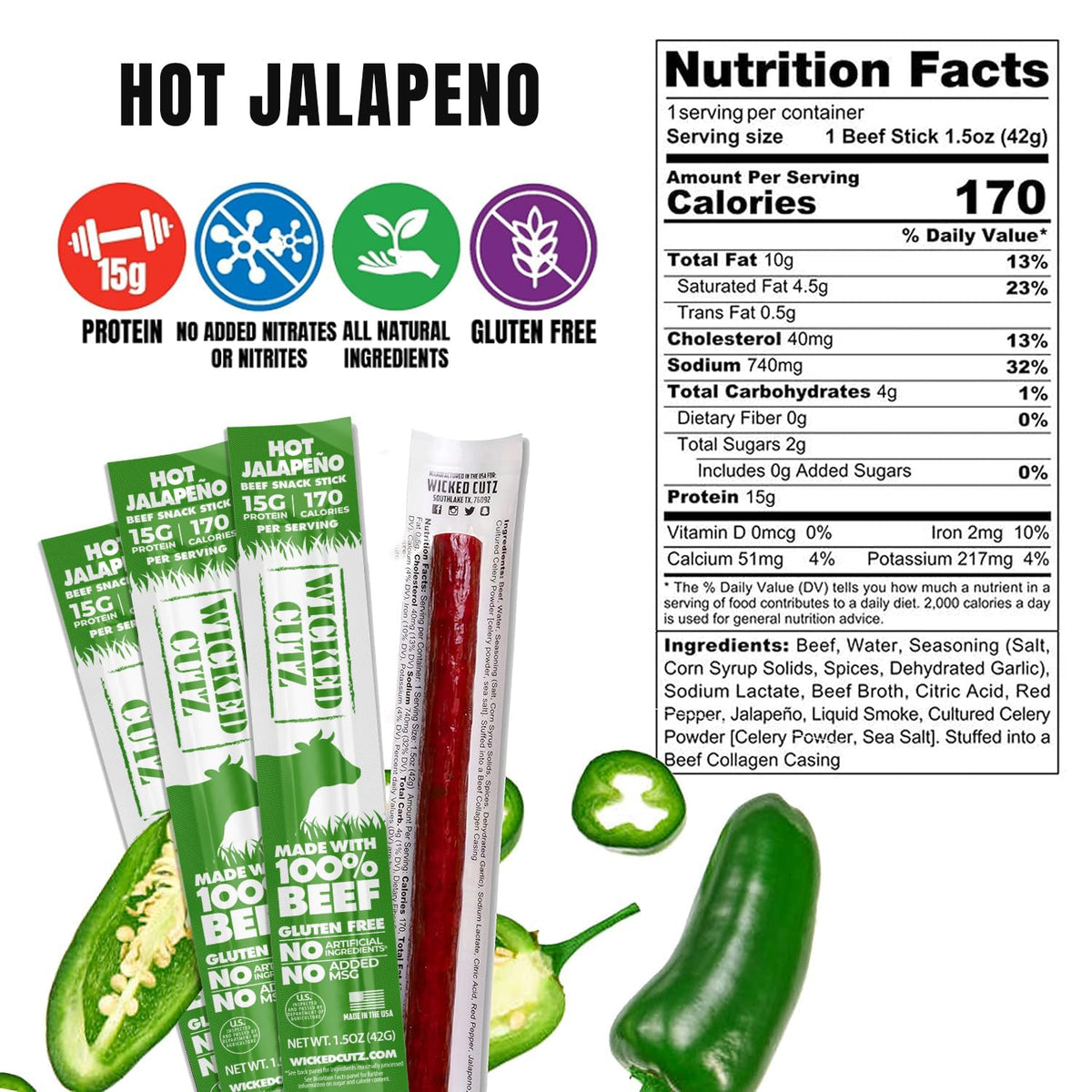 Wicked Cutz Volcanic Jalapeno Spicy Beef Sticks – Extra Large, 15g Protein, Gluten Free (12 Sticks)