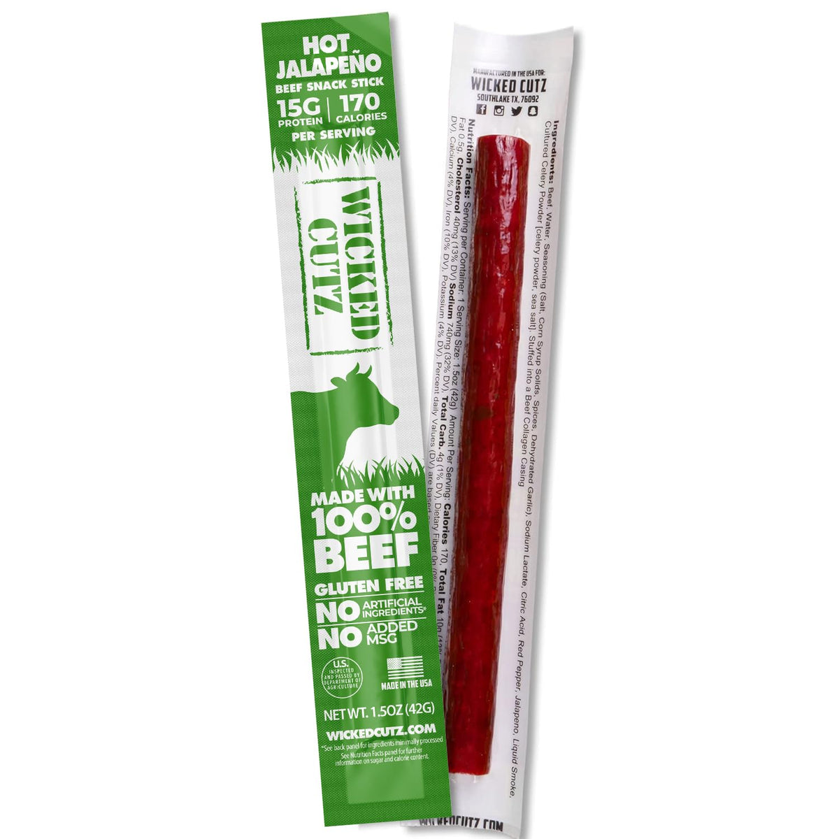 Wicked Cutz Volcanic Jalapeno Spicy Beef Sticks – Extra Large, 15g Protein, Gluten Free (12 Sticks)