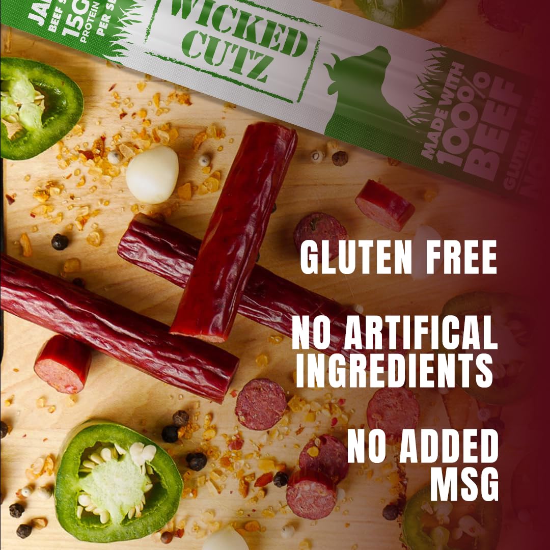 Wicked Cutz Volcanic Jalapeno Spicy Beef Sticks – Extra Large, 15g Protein, Gluten Free (12 Sticks)