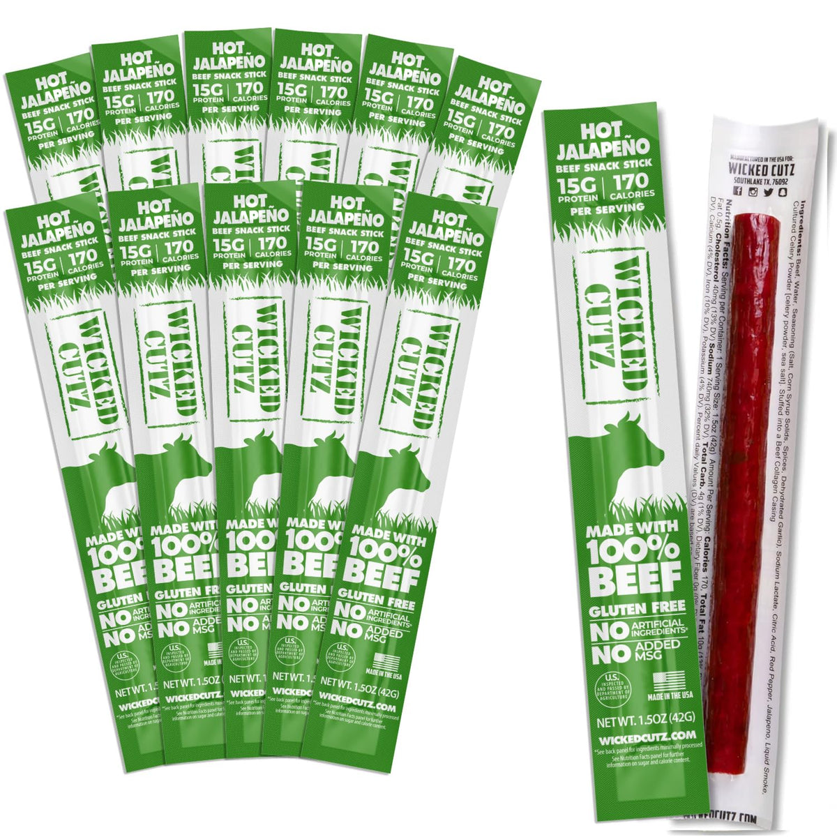 Wicked Cutz Volcanic Jalapeno Spicy Beef Sticks – Extra Large, 15g Protein, Gluten Free (12 Sticks)