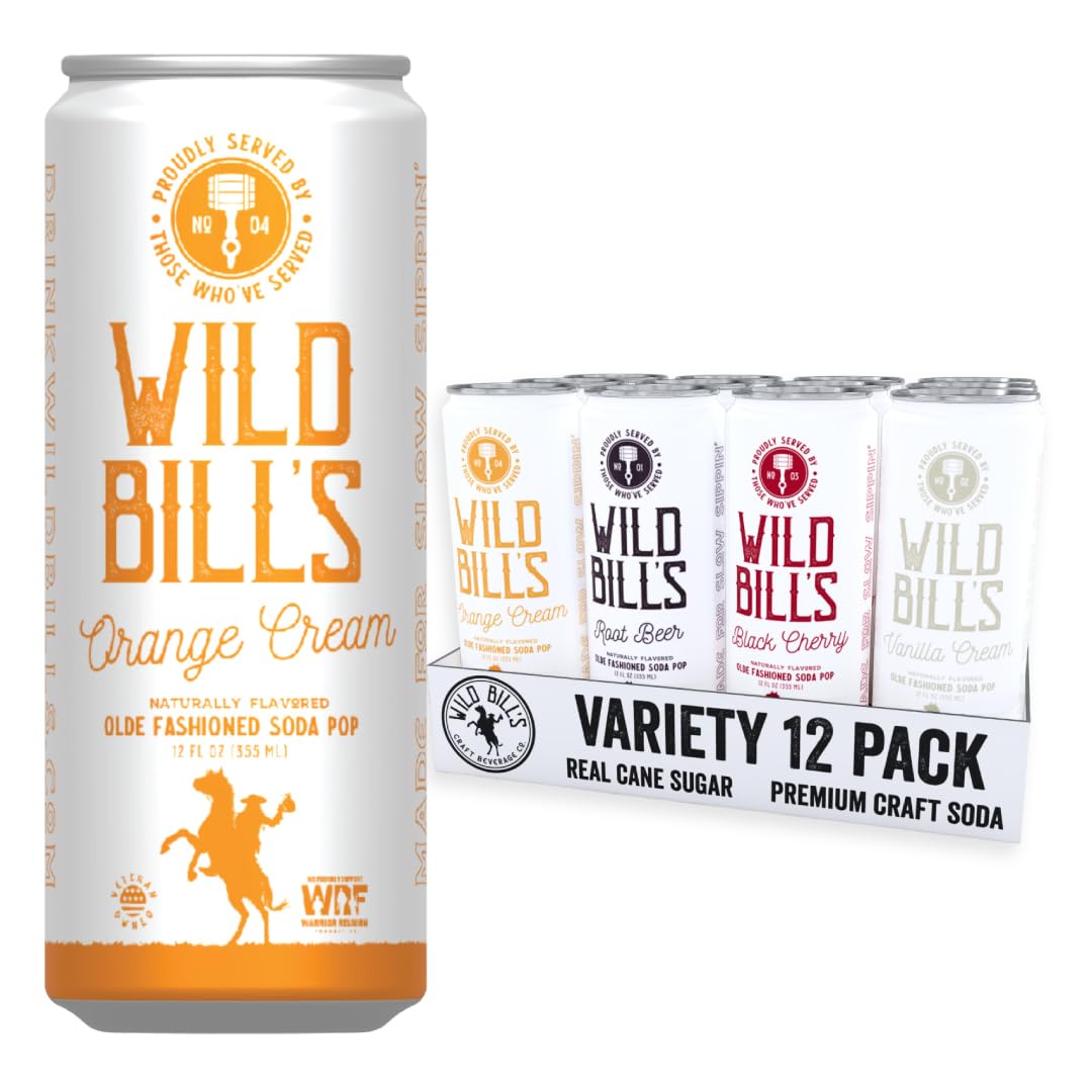 Wild Bill's 4 Flavor Craft Soda Variety Pack – Black Cherry, Orange Cream, Root Beer, Vanilla Cream | Cane Sugar, Caffeine Free