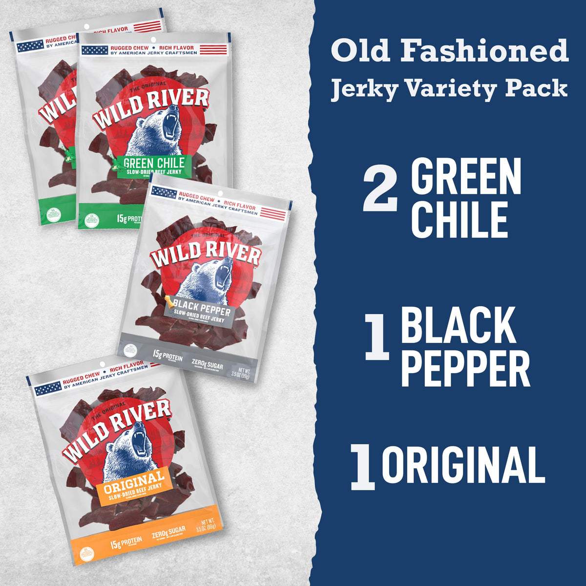 Wild River Beef Jerky Variety Pack – Slow-Dried 3.5 oz Bags (Old-Fashioned, Green Chile, Black Pepper, Original)