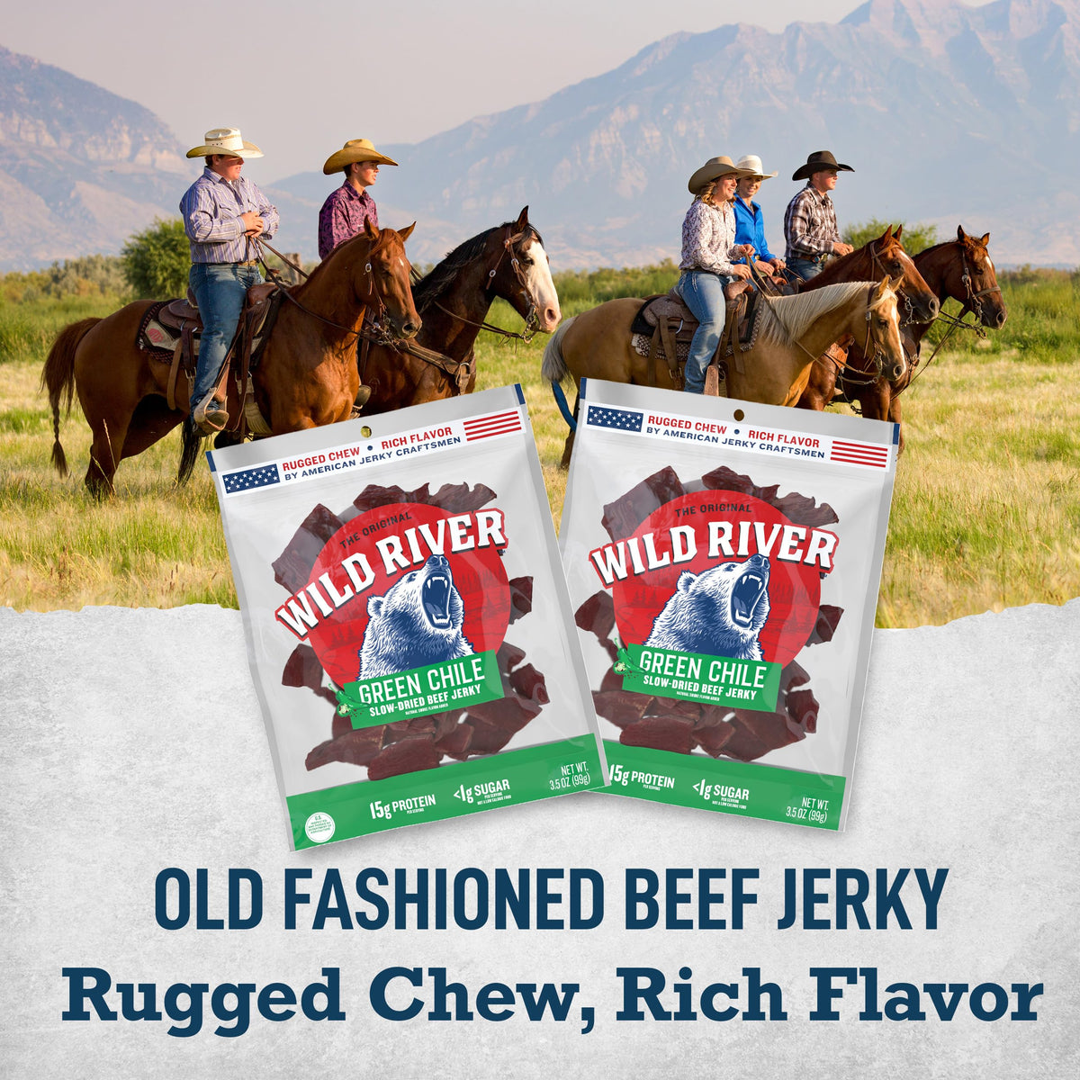 Wild River Green Chile Beef Jerky – Old Fashioned, 15g Protein, Gluten Free (4-Pack)