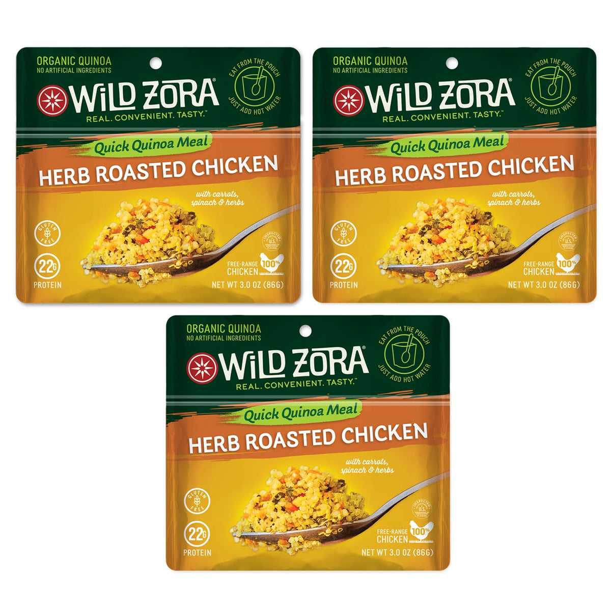 Wild Zora Instant Organic Quinoa Meals – Herb Roasted Chicken Bowl, Gluten-Free with 10g Olive Oil Packet (3-Pack)