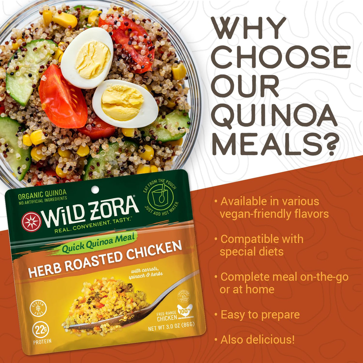 Wild Zora Instant Organic Quinoa Meals – Herb Roasted Chicken Bowl, Gluten-Free with 10g Olive Oil Packet (3-Pack)