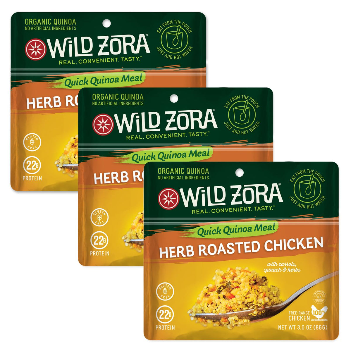 Wild Zora Instant Organic Quinoa Meals – Herb Roasted Chicken Bowl, Gluten-Free with 10g Olive Oil Packet (3-Pack)