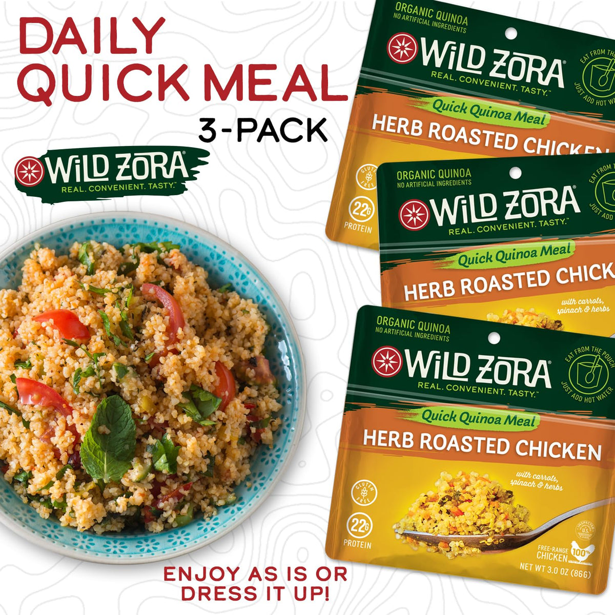 Wild Zora Instant Organic Quinoa Meals – Herb Roasted Chicken Bowl, Gluten-Free with 10g Olive Oil Packet (3-Pack)