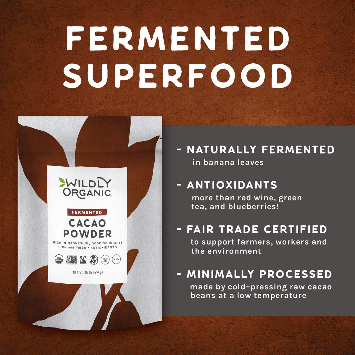 Wildly Organic Fermented Cacao Powder 16 oz – Raw, Non-Alkalized, High Antioxidants