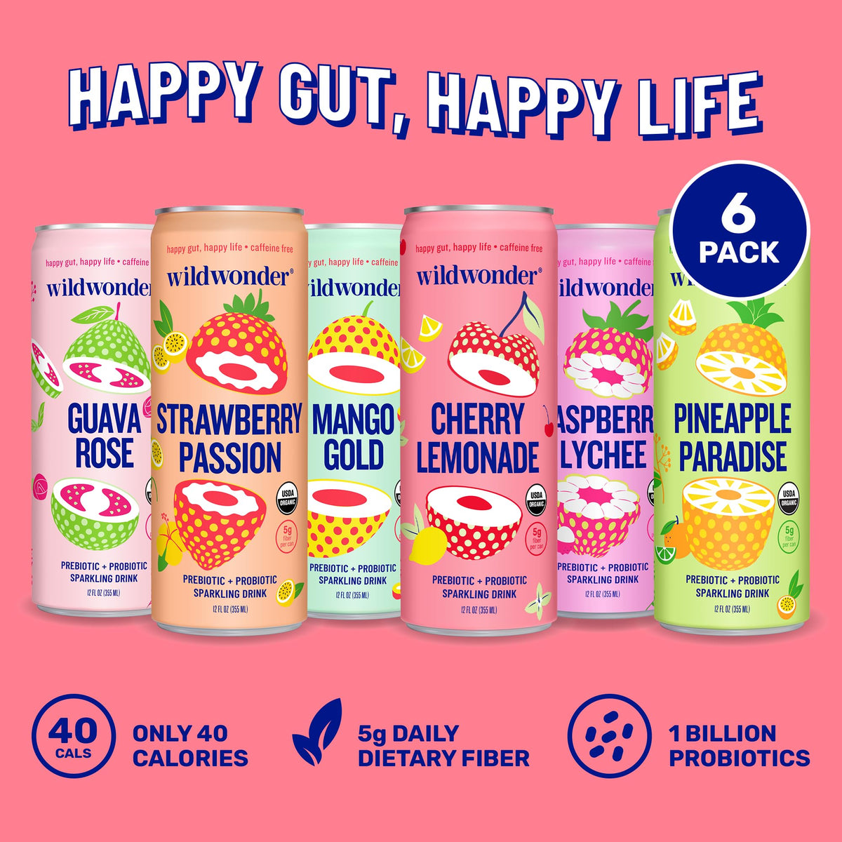 Wildwonder Sparkling Probiotic Drink 6pk – Gut Health & Immune Support, Organic & Vegan