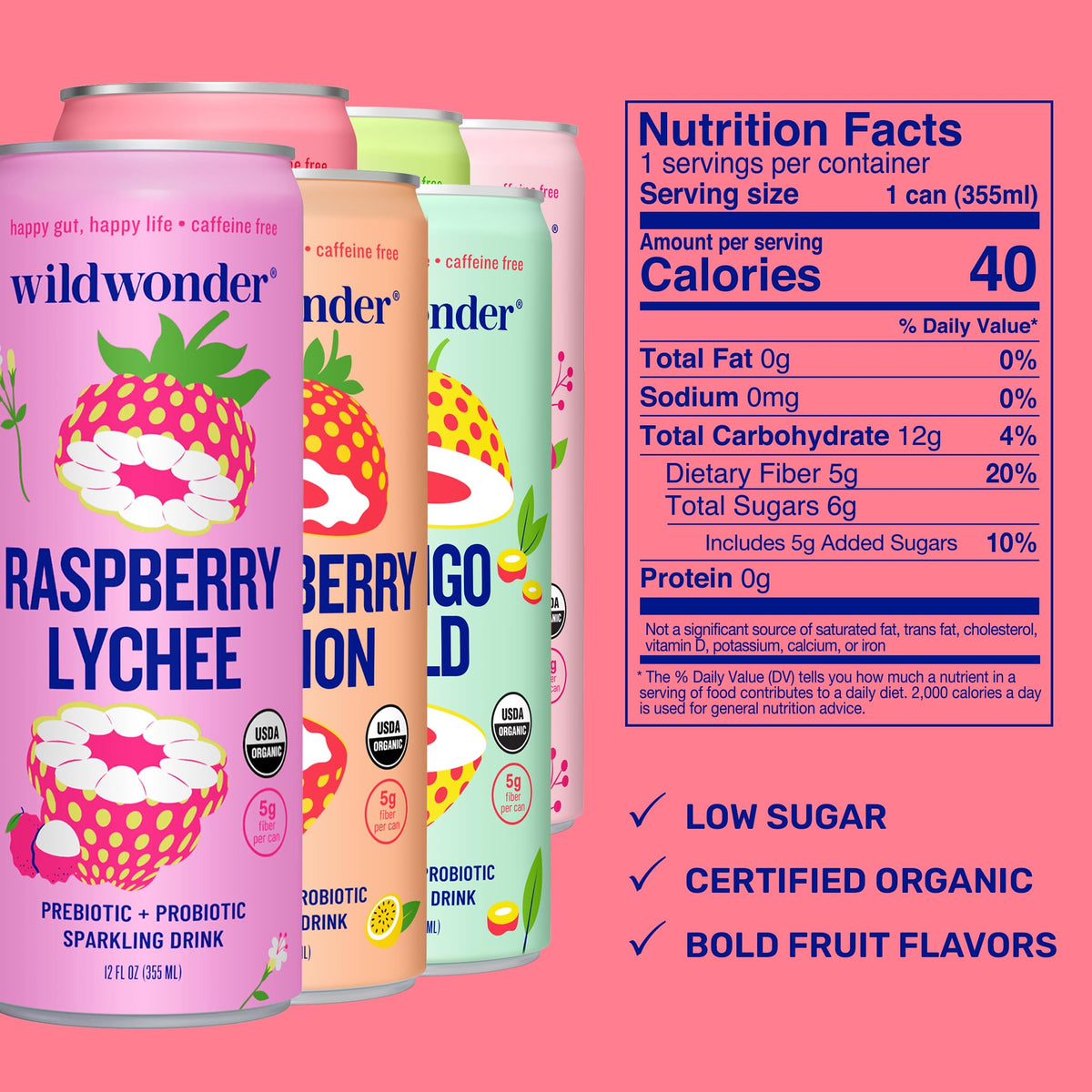 Wildwonder Sparkling Probiotic Drink 6pk – Gut Health & Immune Support, Organic & Vegan