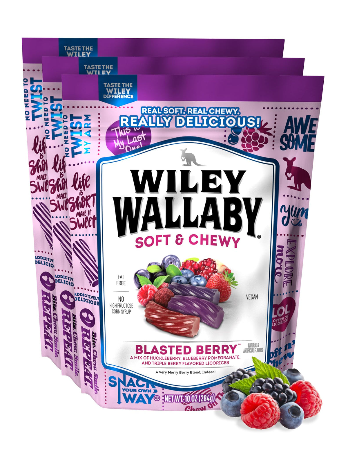 Wiley Wallaby Blasted Berry Licorice — 10 oz Soft & Chewy Australian Candy (3-Pack)