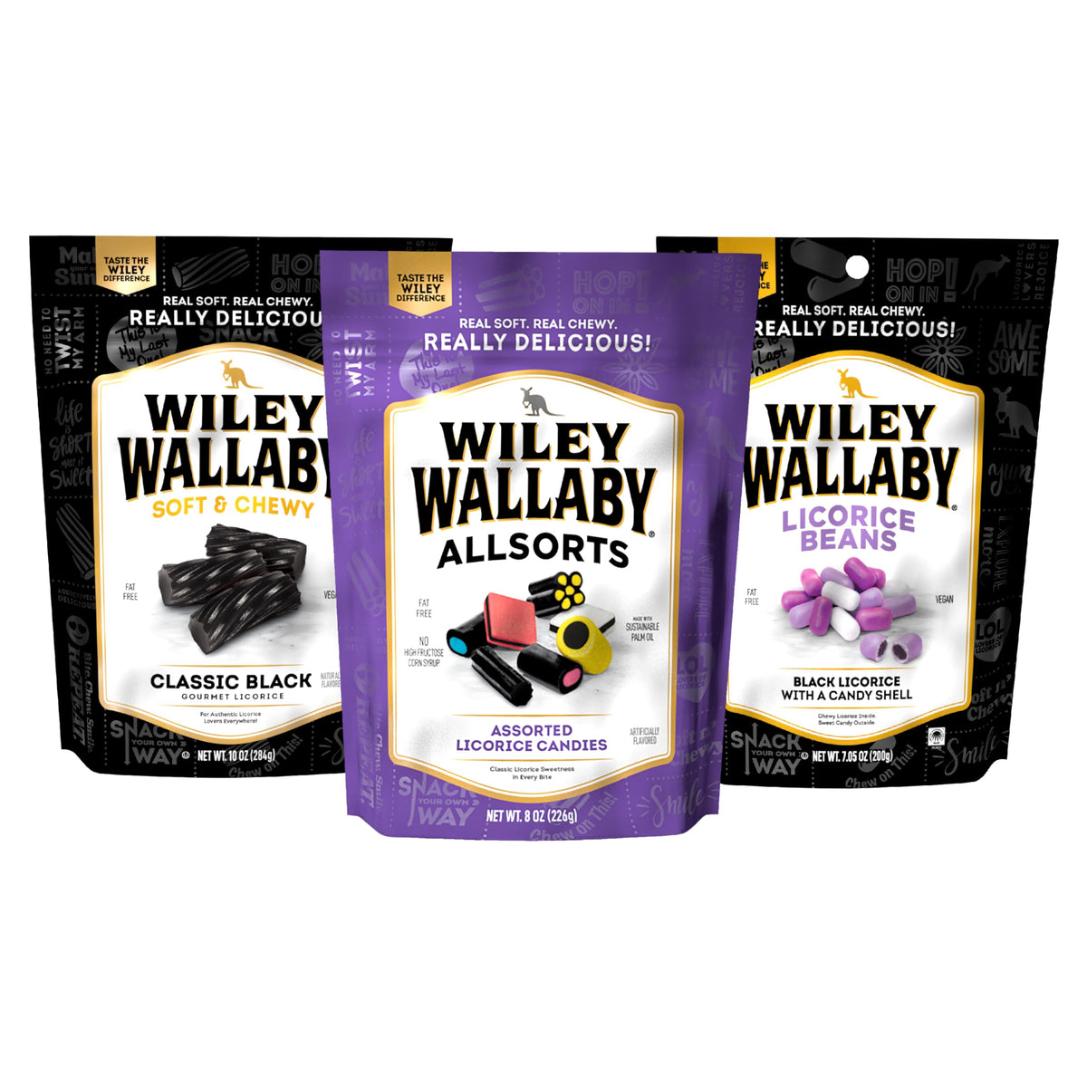 Wiley Wallaby Black Licorice Variety Pack – All Sorts, Beans & Classic Australian Licorice (3 Pack)