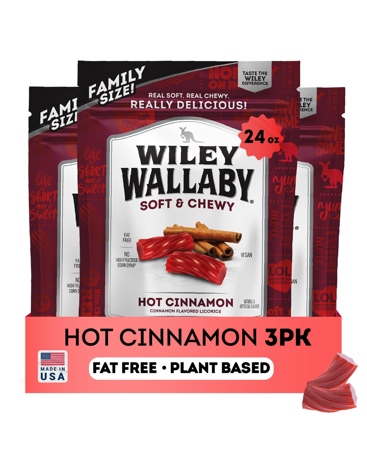 Wiley Wallaby Licorice 24oz Cinnamon Candy – 3-Pack Gourmet Soft & Chewy Australian Licorice