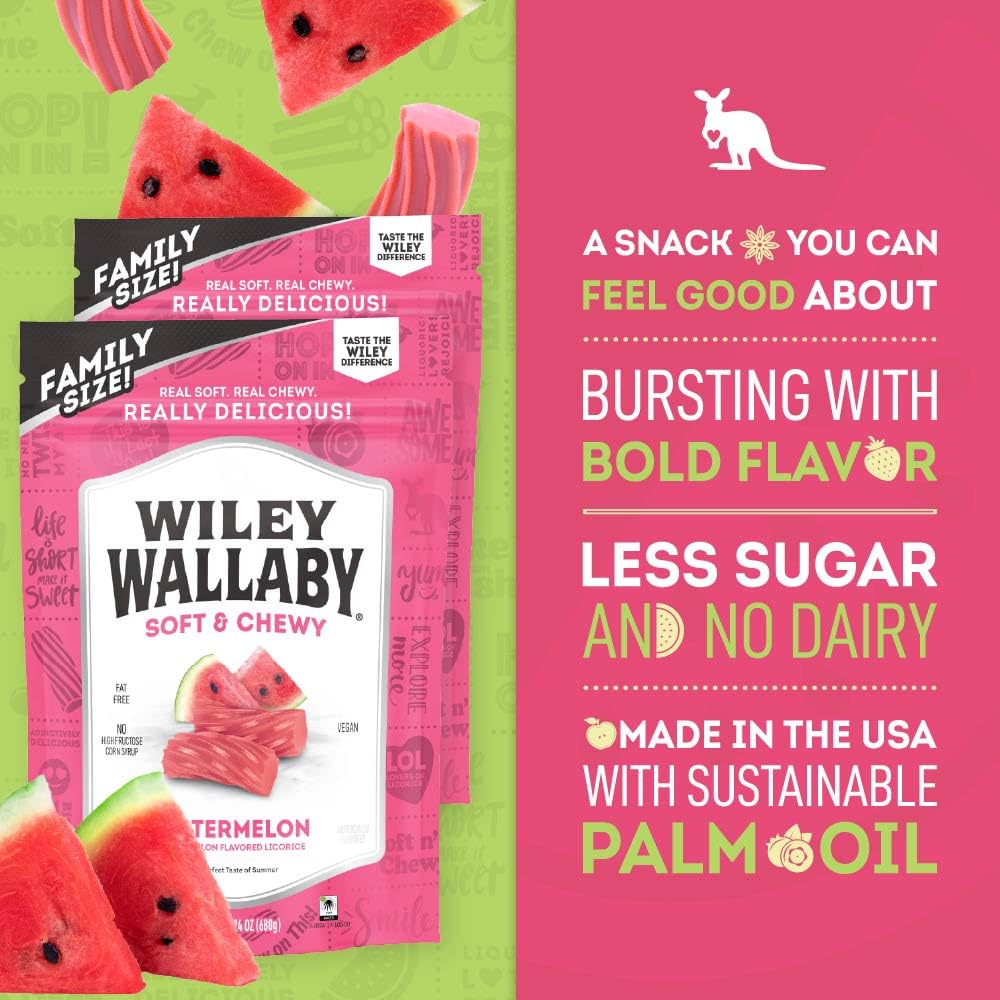 Wiley Wallaby Watermelon Licorice 24oz – 2 Pack, Soft & Chewy Australian Candy
