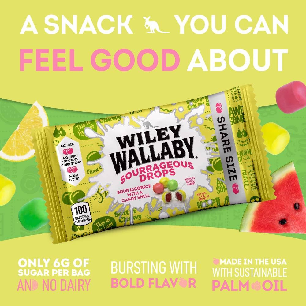 Wiley Wallaby Licorice Candy Bites 3.0 oz – Sourrageous Drops in Mini Bags, 18-Count