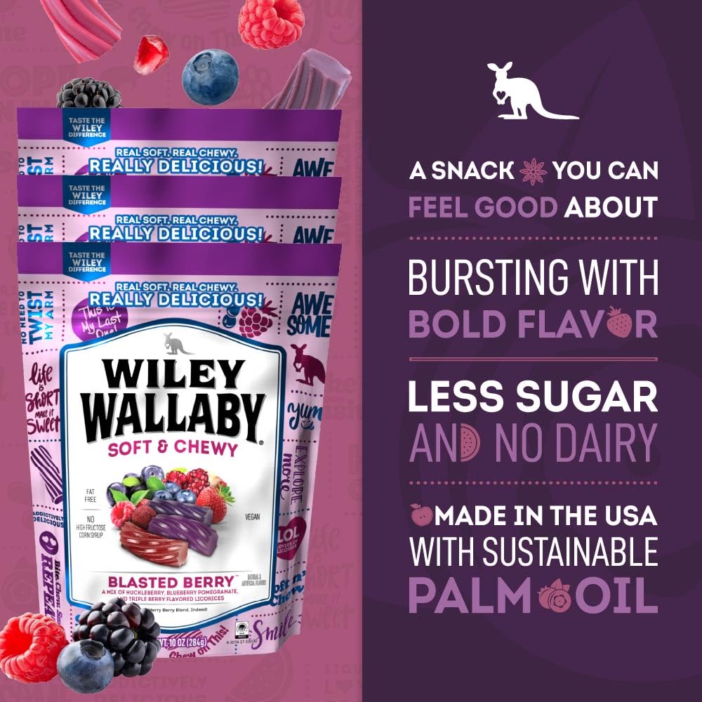 Wiley Wallaby Blasted Berry Licorice — 10 oz Soft & Chewy Australian Candy (3-Pack)
